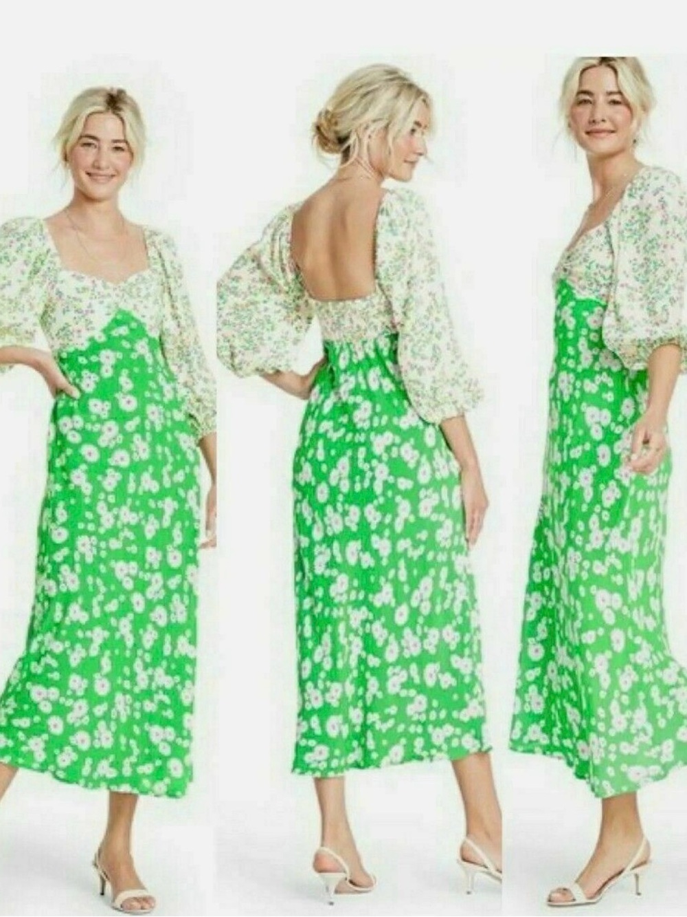 RIXO Cream Floral Sundress with Green & Pink Accents